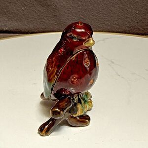 Bejeweled Red Bird Trinket Box Rhinestone Metal Jewelry Pill Case Vintage Style